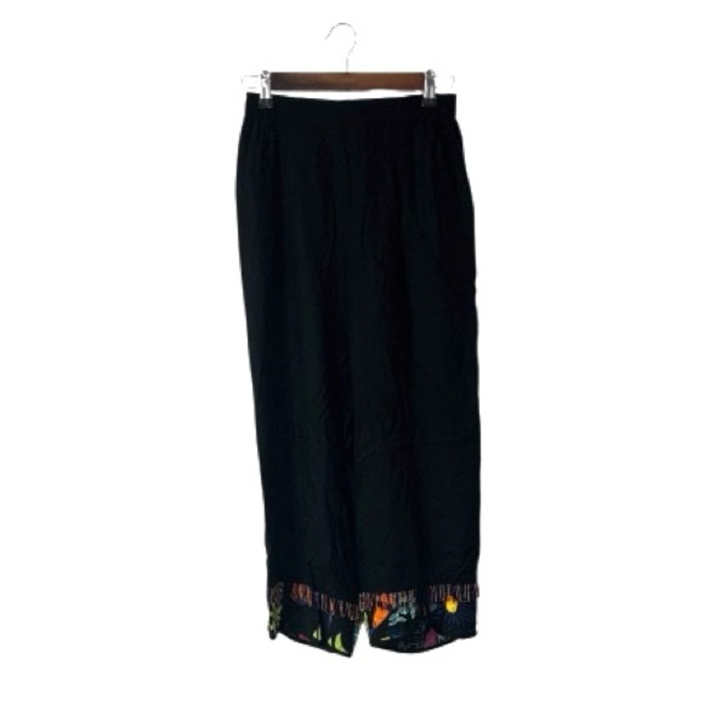 Paradiso Vintage Black Wide Leg Pants Rayon Beaded Tropical Print Crop Medium
